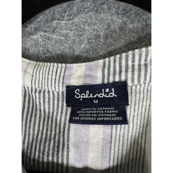 Splendid Top Women Medium Blue Striped Long‎ Sleeve V Neck Linen Blend Coastal - Picture 2 of 7